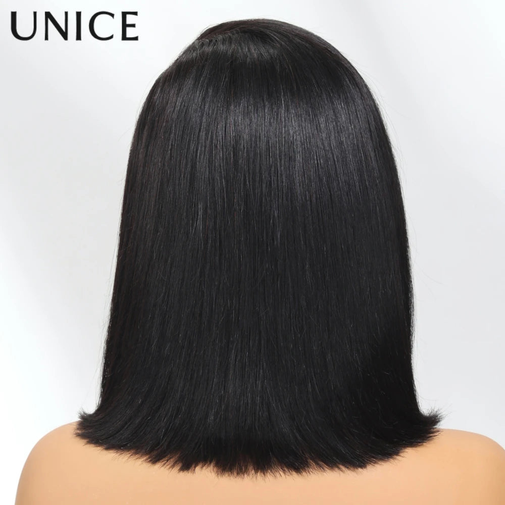 UNice 4x4 Lace Closure Bob Human Hair Wig With Side Swept Bangs & Bye Bye Knots 7x5 Lace Pre Cut Pre Bleached Glueless Wig
