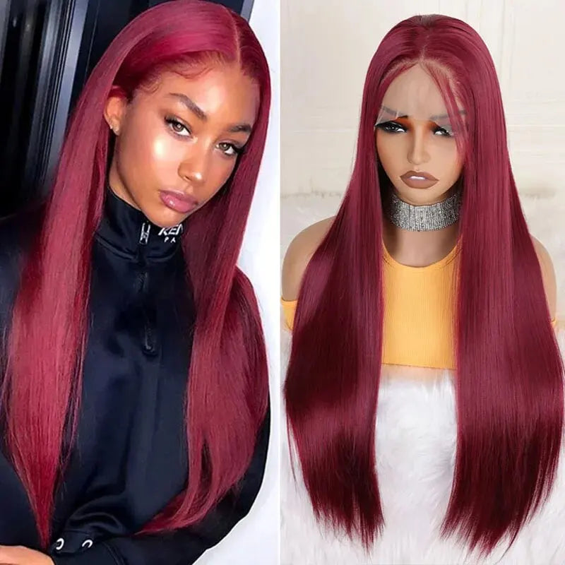 Premium Burgundy Lace Front Wig 26 Inch - 99J Wine Red Straight Synthetic Wig with Baby Hair | Glueless Pre-Plucked 180% Density
