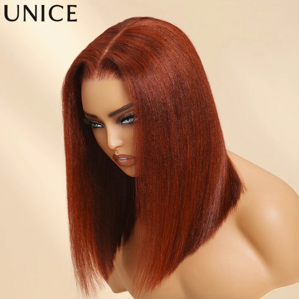 UNICE Hair Reddish Brown 7x5 Yaki Straight Bob Wig Human Hair Pre Cut Pre Bleached Glueless Wig 150% Density