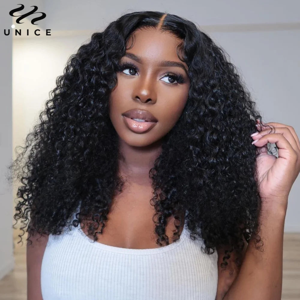Unice Hair Jerry Curly Wig With Coily Edges 7x5 Lace Pre Cut Pre Bleached Glueless Wig Human Hair Ready To Wear 150% Density