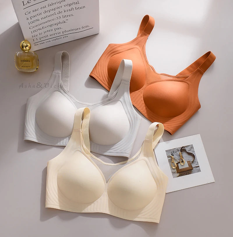 Plus Size Jelly Gum Full Cover Semi Fixed Large Cup Lace Underwear Anti Glare Mesh Woman Bra Comfortable  Gathering