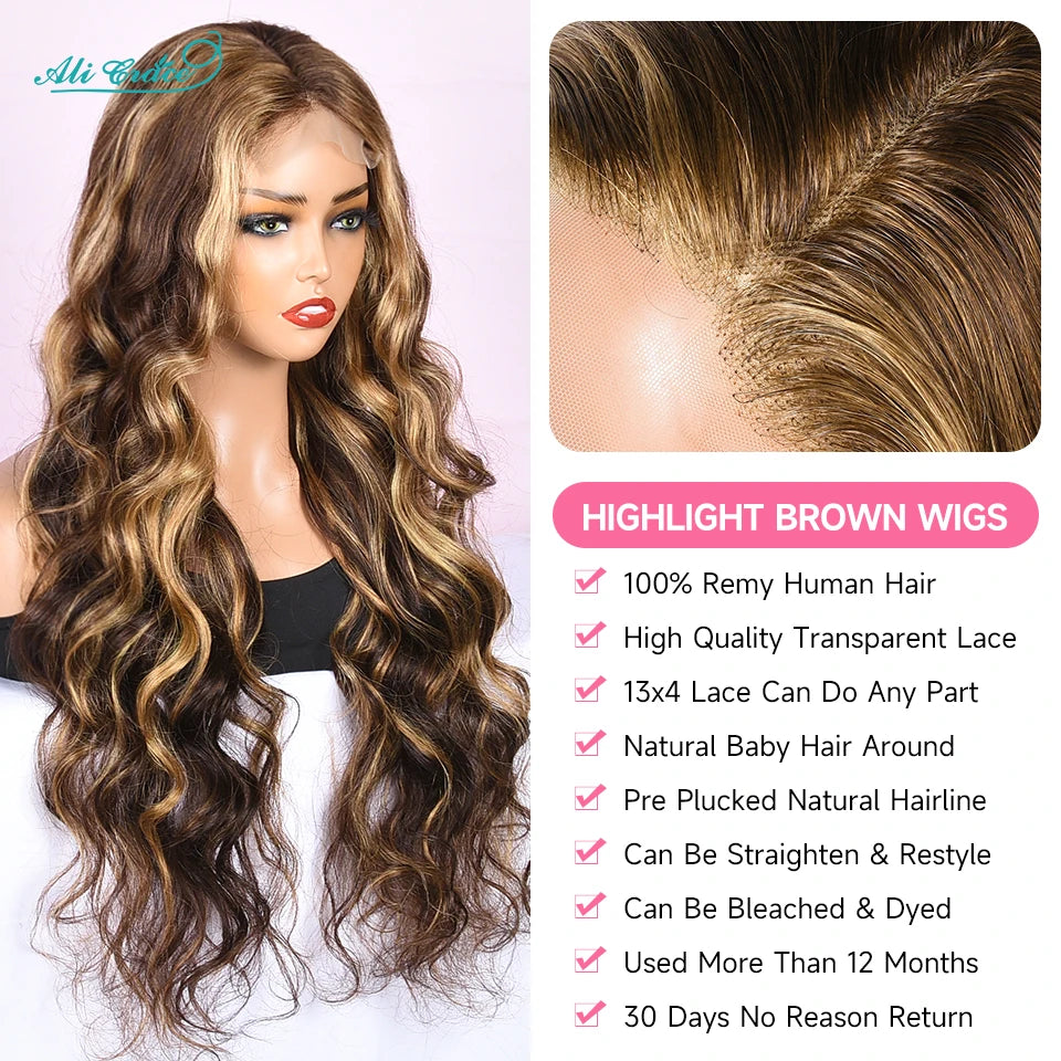 Ali Grace Body Wave Lace Front Human Hair Wigs Highlight Brown Body Wave 4x4 Lace Closure Wig 13x4 Lace Front Wigs for Women