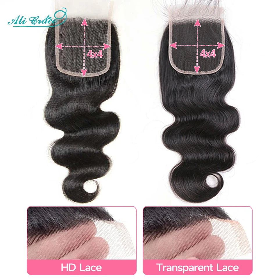 Ali Grace Body Wave Bundles With Closure Brazilian 3 Bundles With 4x4 Transparent HD Lace Closure Human Hair With Closure