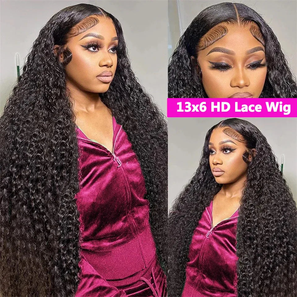 New 13x6 HD Transparent Lace Front Raw Indian Water Curly Wave Human Hair Wigs 40 Inch Long Jerry Curly Human Hair Frontal Wigs