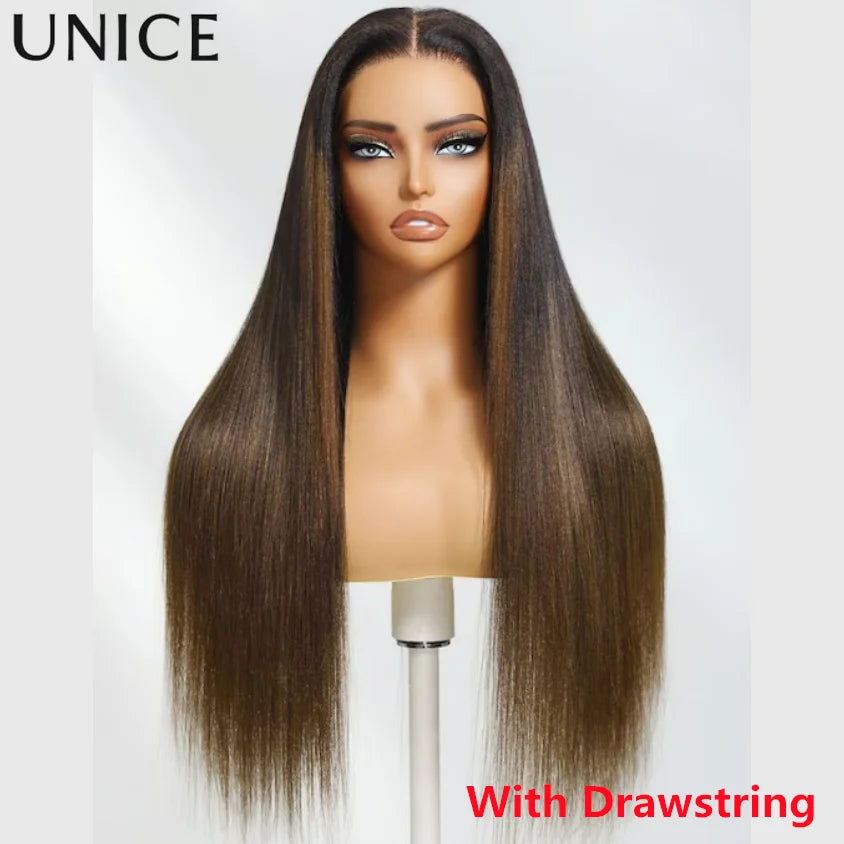 UNice Bye-Bye Knots 7x5 Lace Black To Chestnut Brown Ombre Yaki Straight Human Hair Wig With Invisi Drawstring & Loose Wave Wig