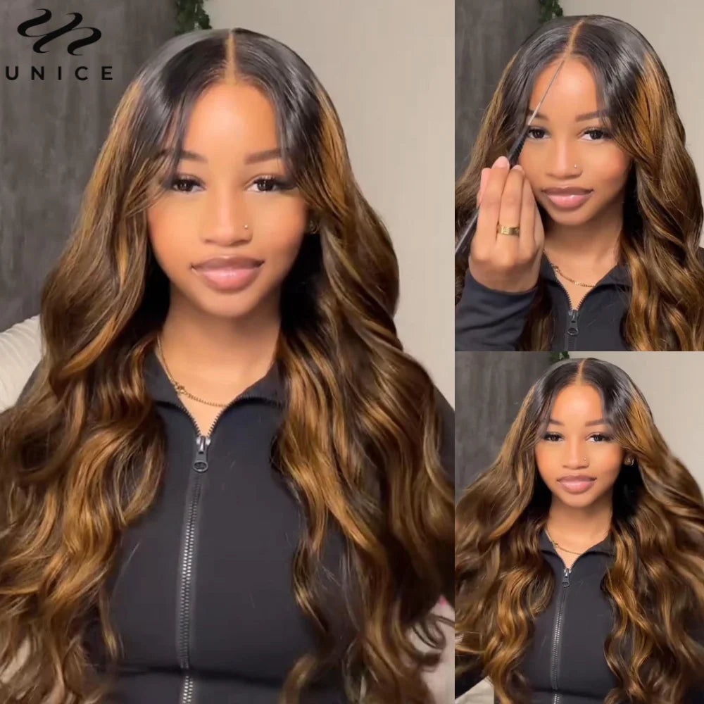 UNICE Balayage Body Wave Wig Upgraded Drawstring Cap 7x5 Pre Cut Pre Bleached Lace Front Human Hair Glueless Wig 150% Density