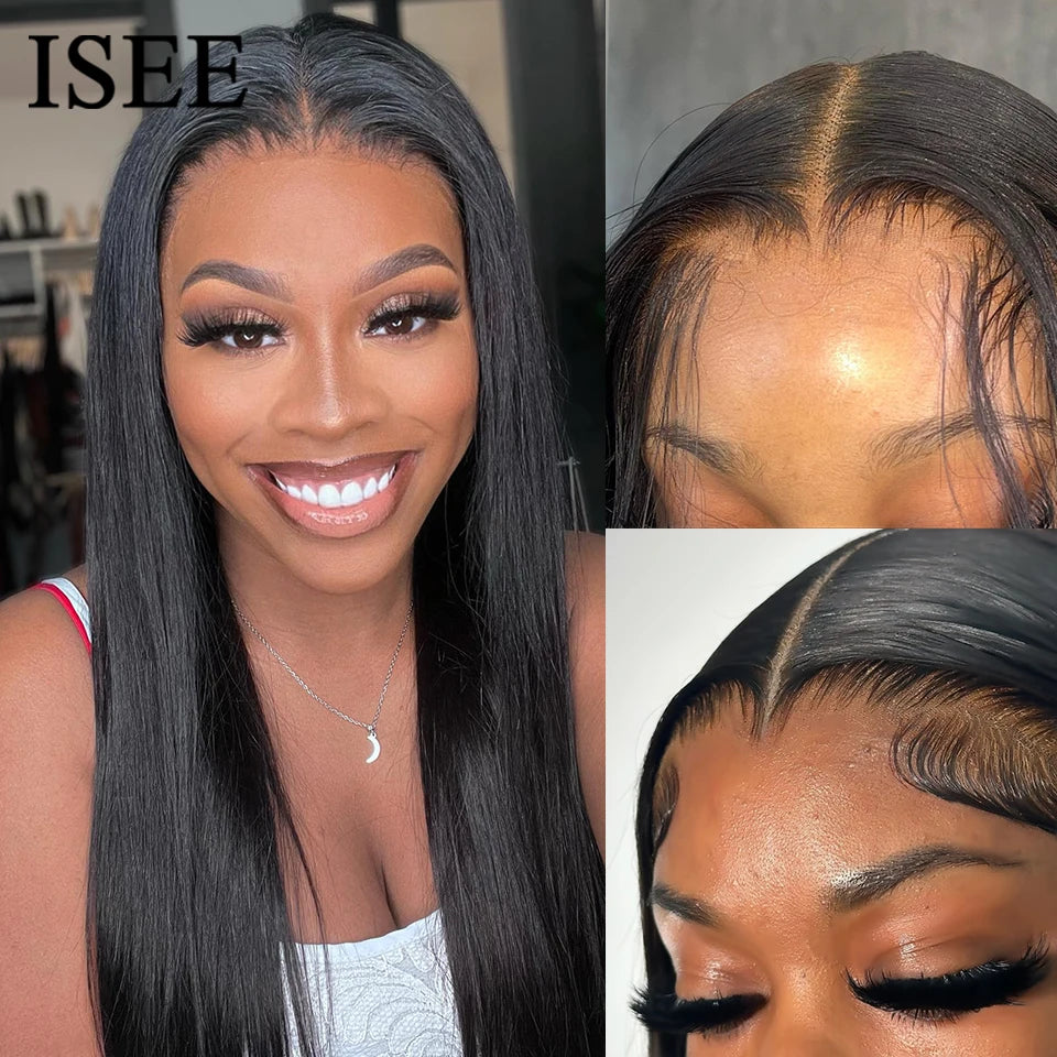 ISEE Hair Glueless Wigs Human Hair Ready To Wear Straight Glueless Preplucked Wear And Go Wigs 7x5HD Lace Front Wigs PreCut Lace