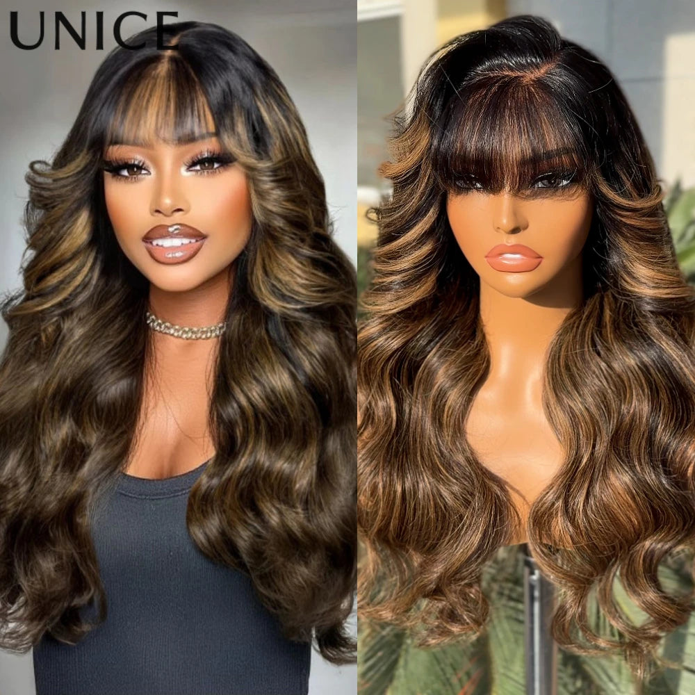 UNice Hair Drawstring Cap 13x4 Human Hair Lace Frontal Wig With Bangs FB30 Balayage Body Wave Wig Pre Everything Glueless Wigs
