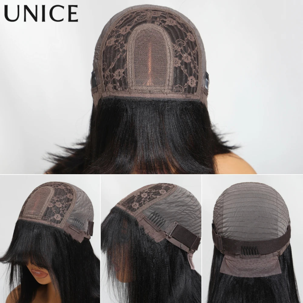 Unice Hair Brown Colored Loose Wave Wig With Bangs 4x2 Lace Short Bob Wig Human Hair Glueless Wig 150% Density