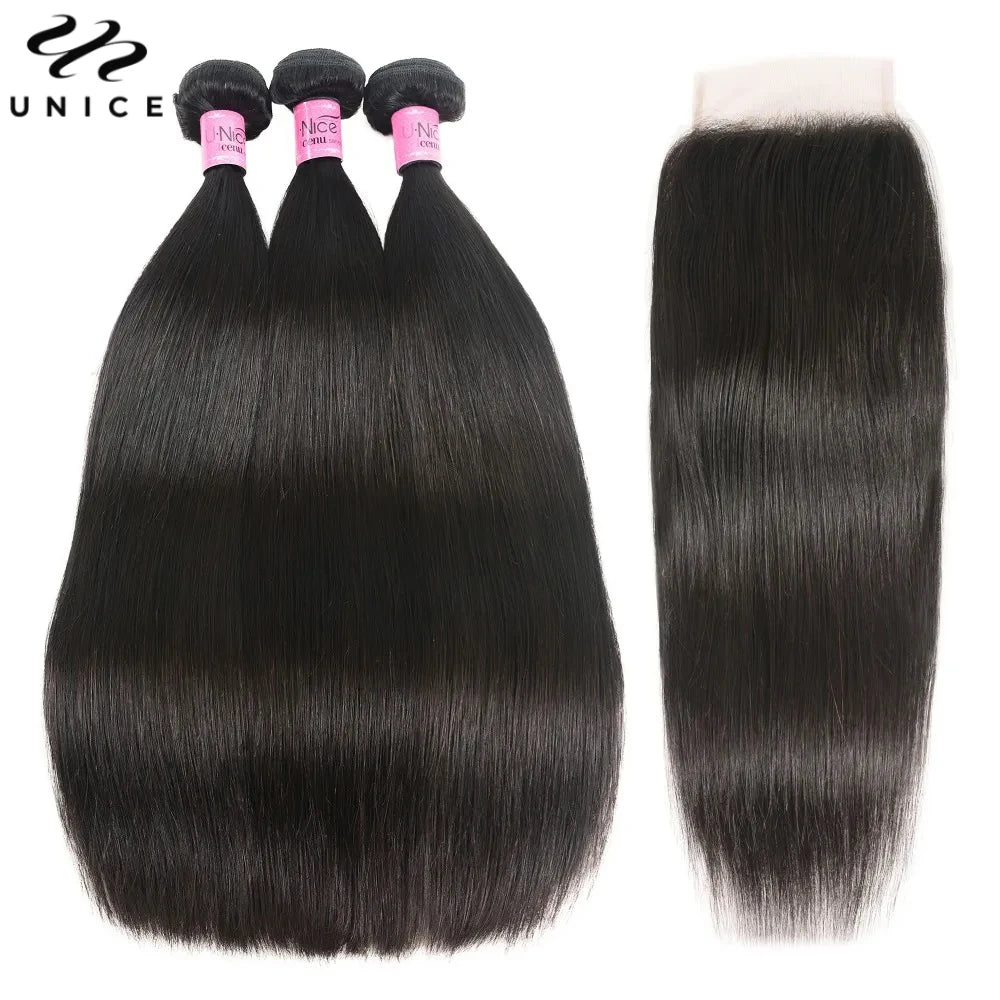 Unice Hair Straight Human Hair Bundles With Closure Natural Color 100% Human Hair 4x4 Lace Closure With 3/4 PCS Deals