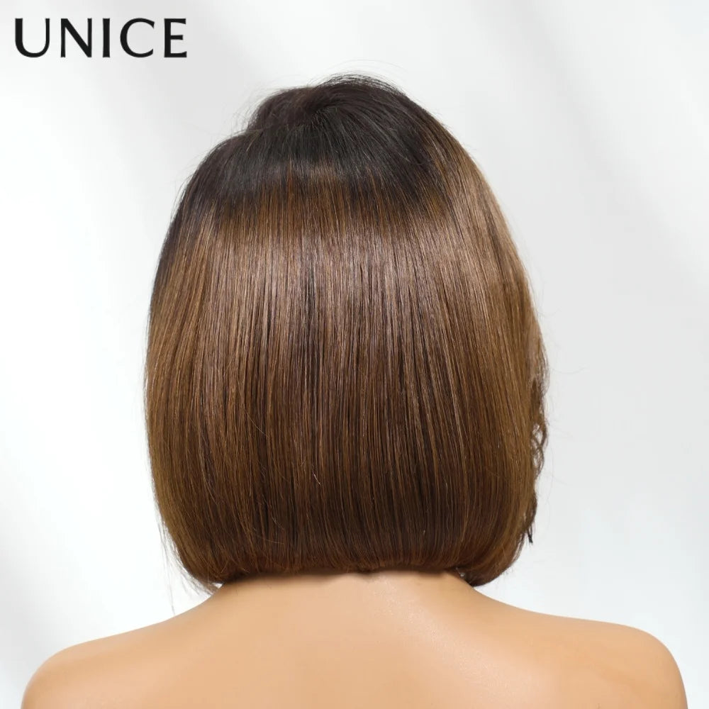 UNice 7x5 Lace Front Wig Human Hair Bye Bye Knots Light Brown with Black Roots Bob Style Side Part Adjustable Drawstring