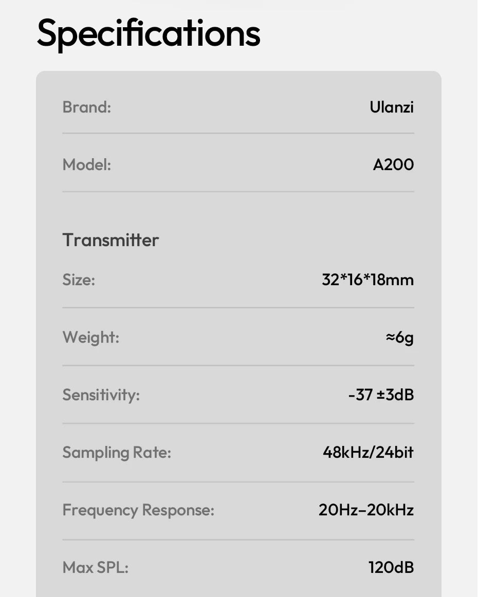 Ulanzi A200 Mini Mic 48kHz/24bit 100m SNR 75dB for Smartphone Camera Livestreaming Street Interview Vlogging Wedding Videography