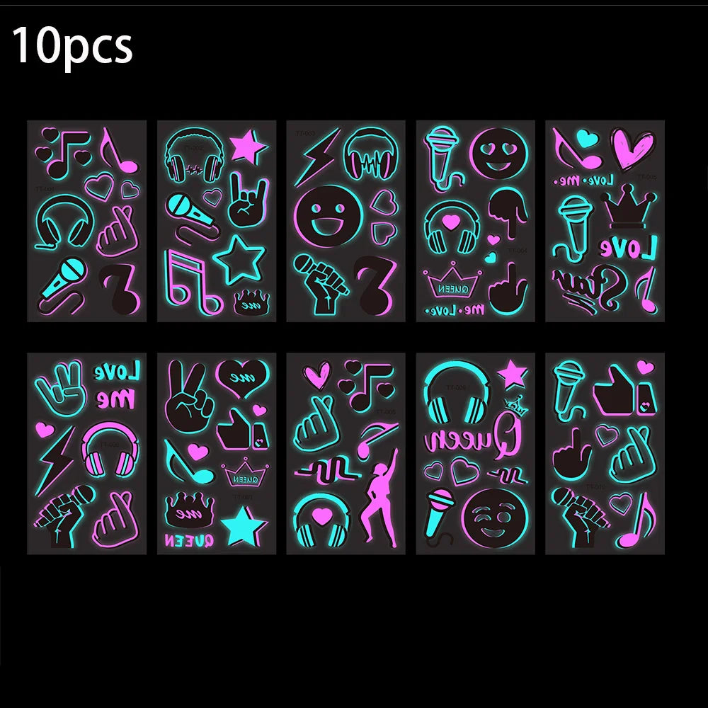 10 Sheet Glow in the Dark Music Temporary Tattoos Stickers with Luminous Neon Pink Blue Music Crown Note Disco party Accessory
