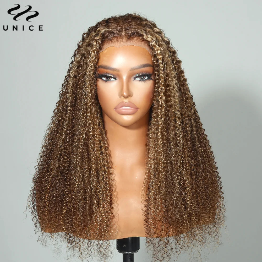 UNice Hair Pre Cut 7x5 & 13x4 Wear Go Glueless Wig Human Hair Brown Blonde Highlight Kinky Curly Lace Closure Wig 200% Density