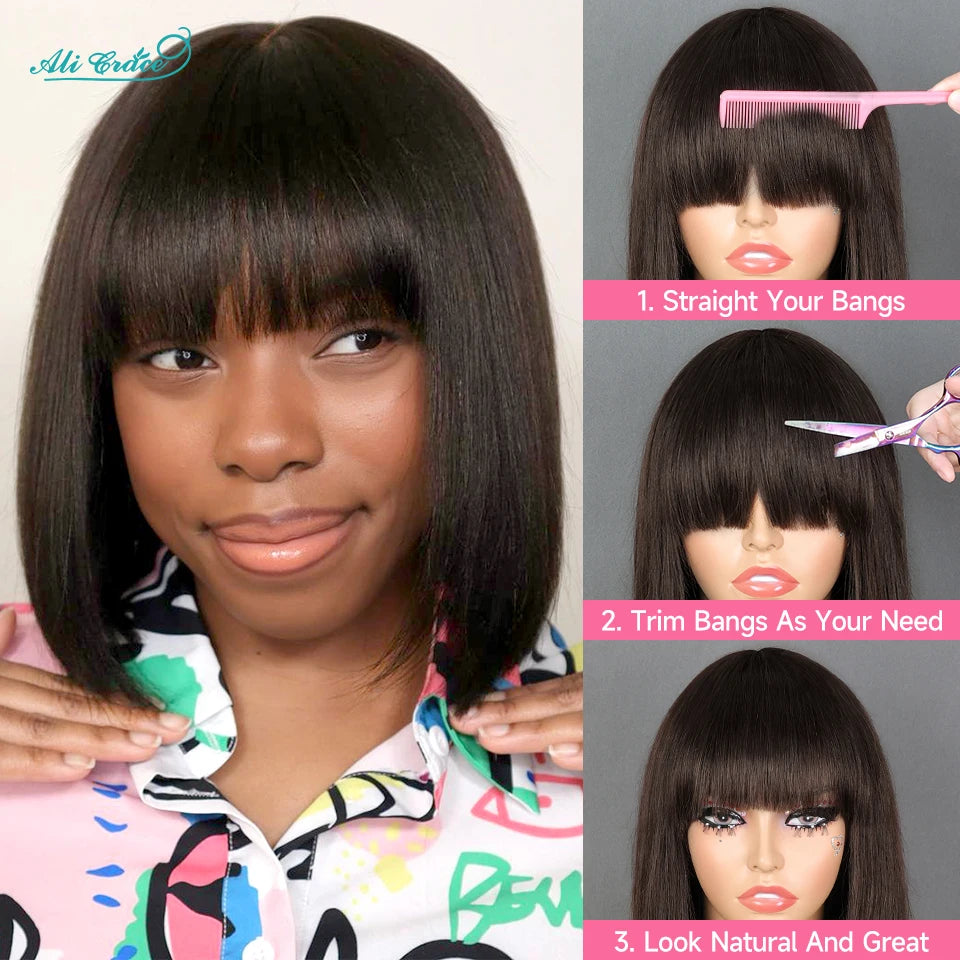 Ali Grace Short Bob Wig With Bang #2 Color Bone Straight Human Hair Wigs For Women Full Machine Made Fringe Wigs Wig Dark Brown