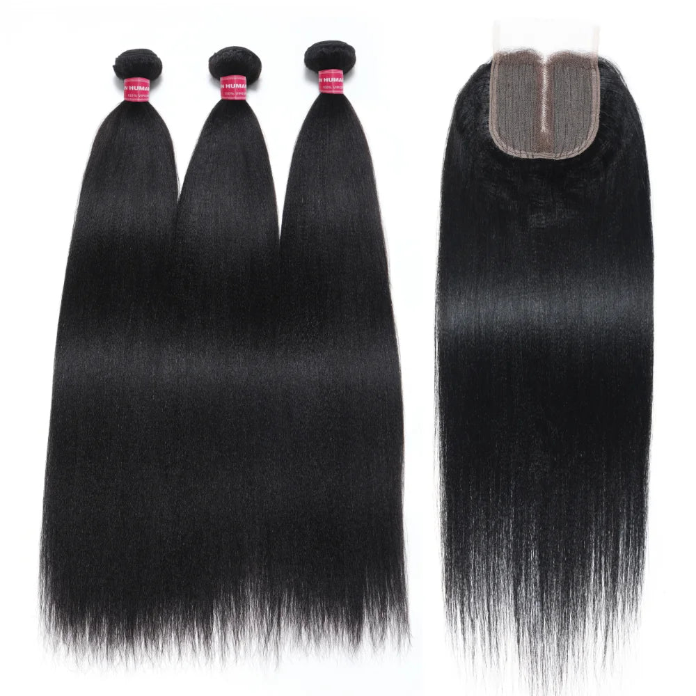 UNice Hair Yaki Straight Hair Bundles With Closure Natural Color 100% Human Hair Bundles 3PCS And Middle Part 4x1 Lace Closure