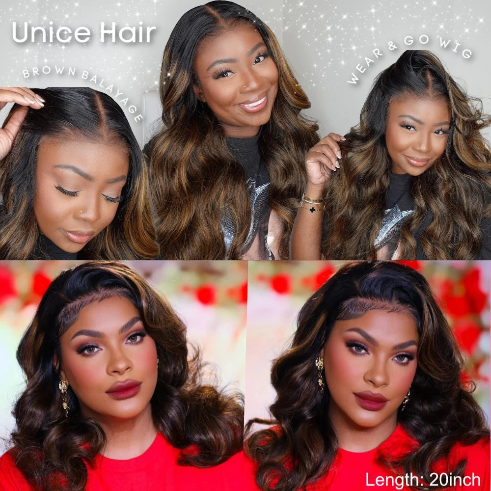 UNice Hair Drawstring Cap 13x4 Human Hair Lace Frontal Wig With Bangs FB30 Balayage Body Wave Wig Pre Everything Glueless Wigs