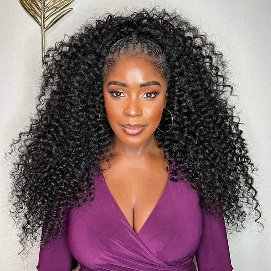 ISEE Hair 3 IN 1 Half Wigs Human Hair Kinky Curly Glueless Wig Upgrade Halr Wigs With Drawstring Seamless Clip Ins Flip Over