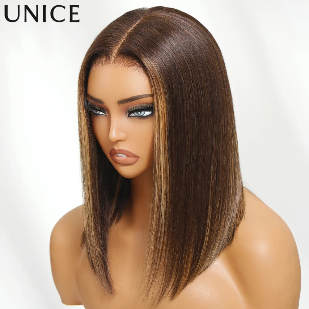Unice Espresso Brown With Highlights Straight Bob Wig 7x5 Pre Cut Pre Bleached Glueless Wig Human Hair Ready To Wear 150%Density