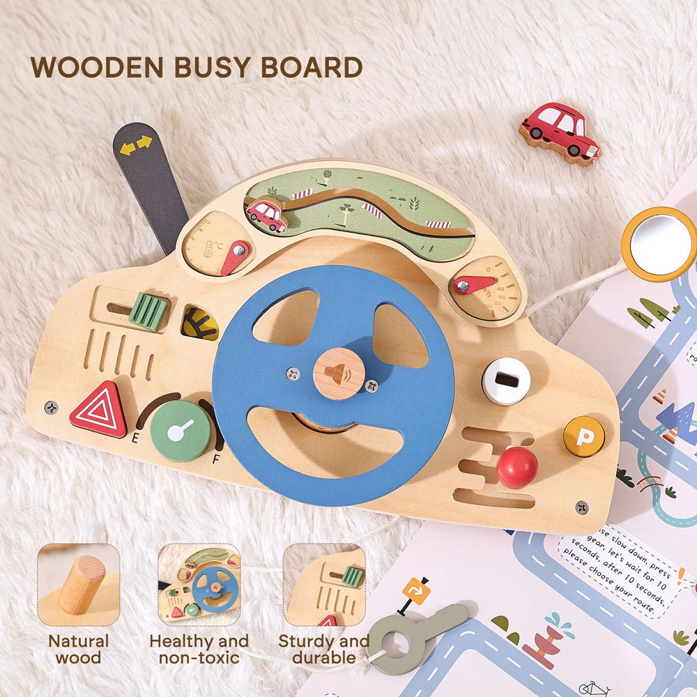 Montessori Simulation Car Steering Wheel Multi-Function Baby Wooden Early Sensory Education Toy Car Busy Board Game Toy Kid Gift