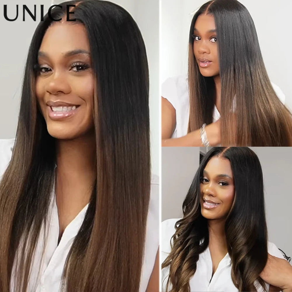 UNice Hair Drawstring Yaki Straight Wig Chestnut Brown Ombre 7x5 Lace Front Human Hair Wigs Pre Cut Pre Bleached Glueless Wig