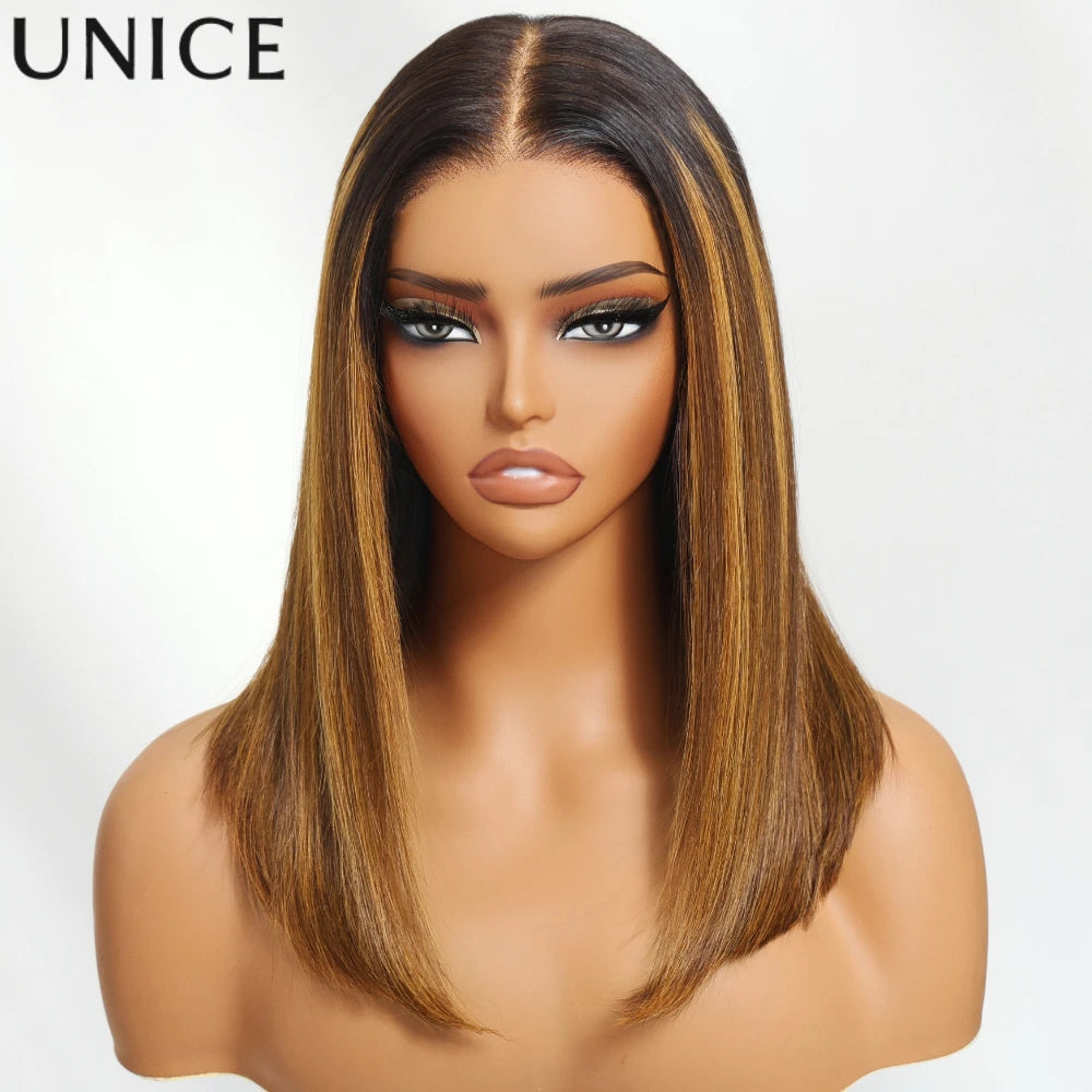 UNice Brown With Blonde Piano Highlights Blunt Bob Wig With Dark Roots Pre Everything 7x5 13x4 Lace Frontal Human Hair Wigs