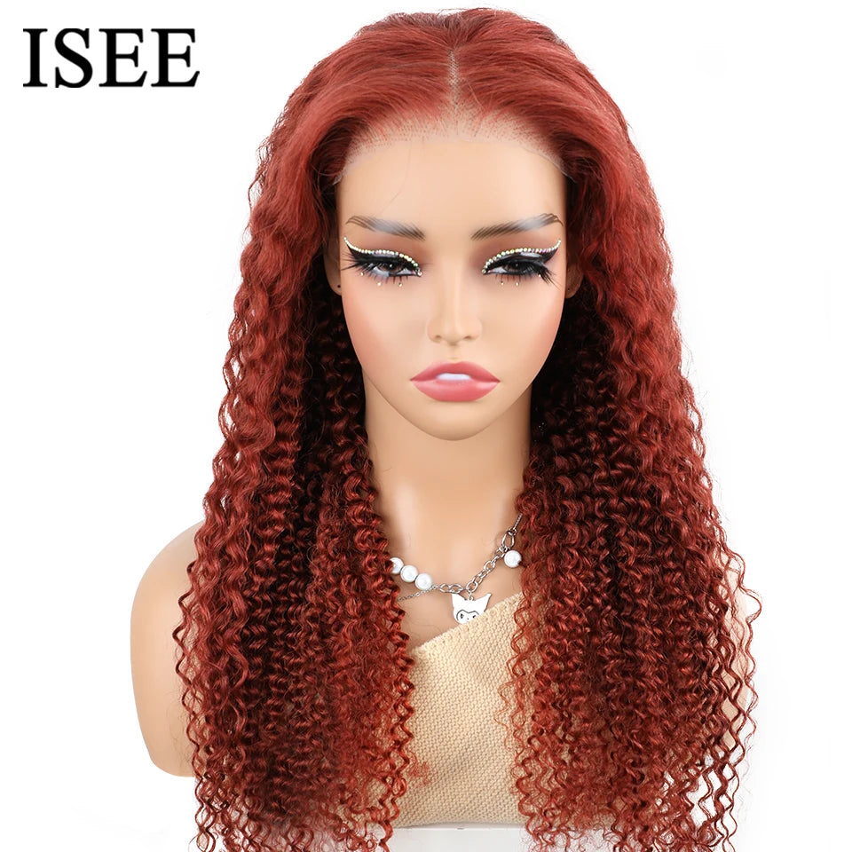 ISEE HAIR Wig Reddish Brown Wear Go Glueless Human Hair Wigs Mongolian Kinky Curly 6x4 Lace Glueless Human Hair Wigs Ready To Go