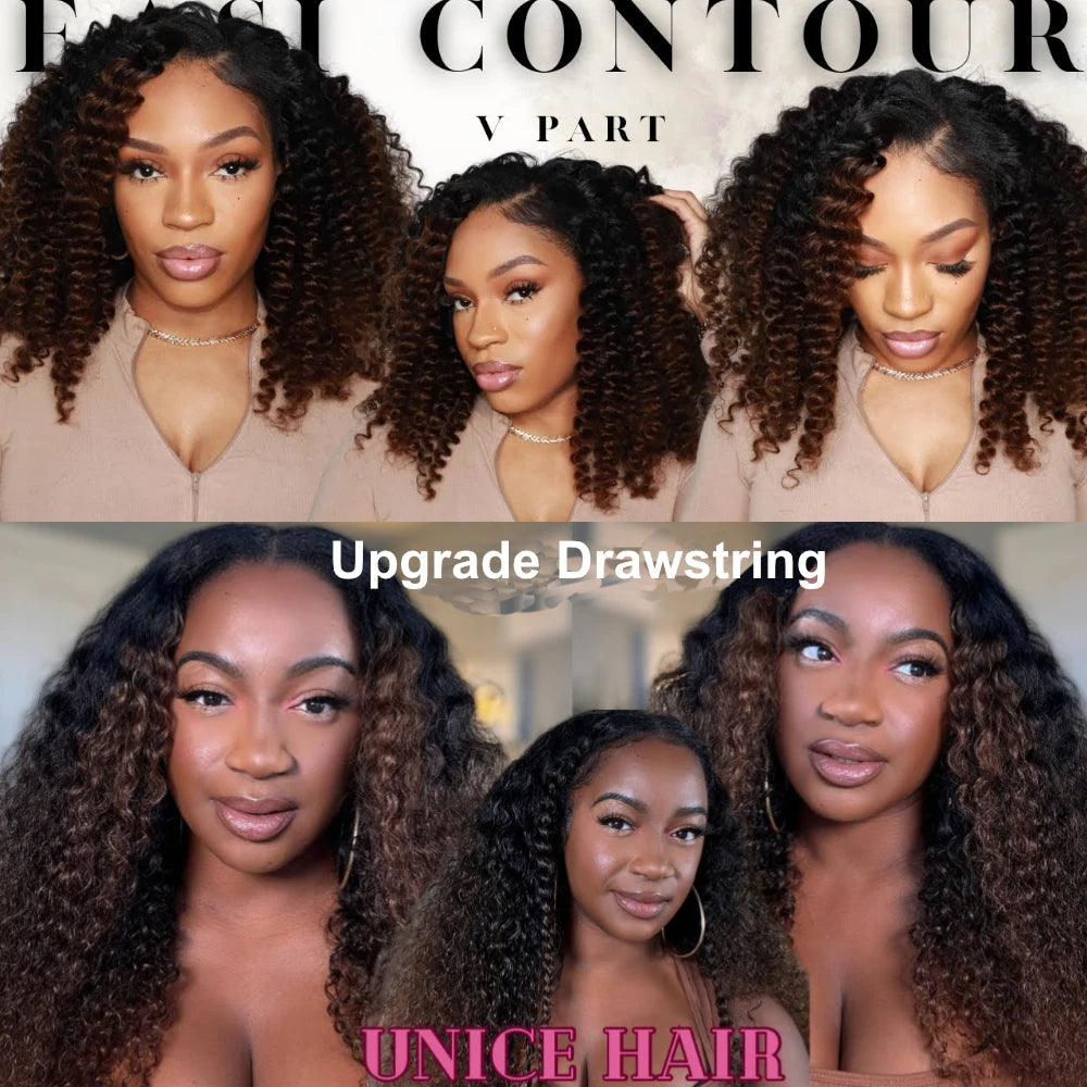 UNICE Hair Jerry Curly V Part Wig Human Hair Upgrade U Part Wig EasiContour Minimal Leave-Out Super Natural 100% Human Hair Wig