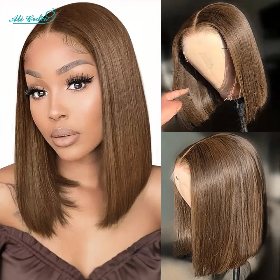 Ali Grace Hair Bone Straight Bob Wig Chocolate Brown Lace Front Human Hair Wigs PrePlucked Short Bob Wig HD Transparent Lace Wig