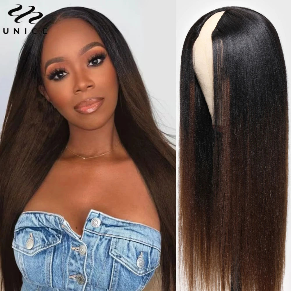 Unice Hair EasiContour Yaki Straight V Part Wig 100% Human Hair Clip In Half Wig No Glue Mini Leave Out Wig Read To Wear Go