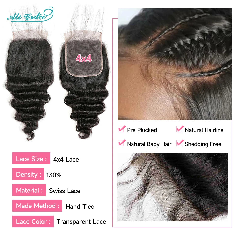 Ali Grace Hair Brazilian Loose Wave Bundles With Closure Transparent 100% Remy Hair 3 Bundles With 4x4 Lace Closure Middle/Free