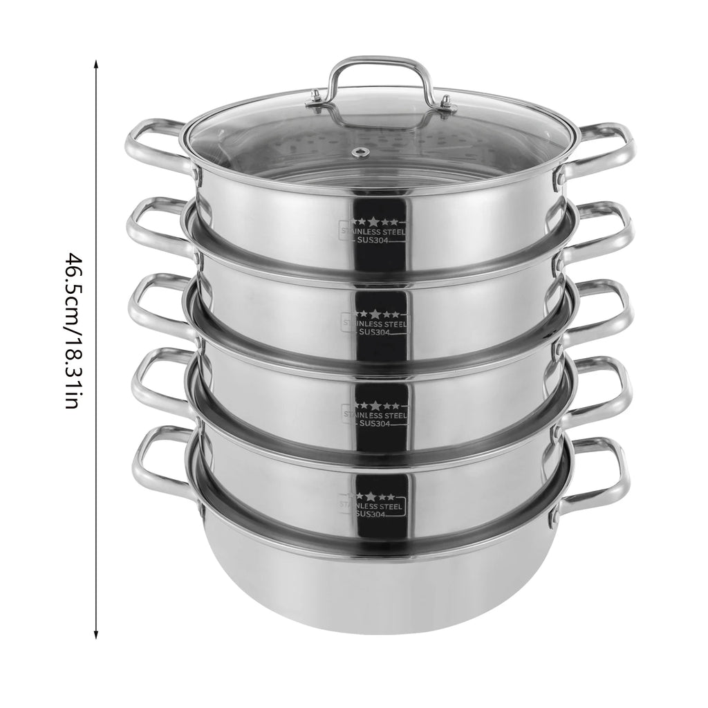 5 Tier  26/28/30/32cm Steame Cooker Steamer Pan Cook Food Veg Pot Stainless Steel Silver w/Glass Lid