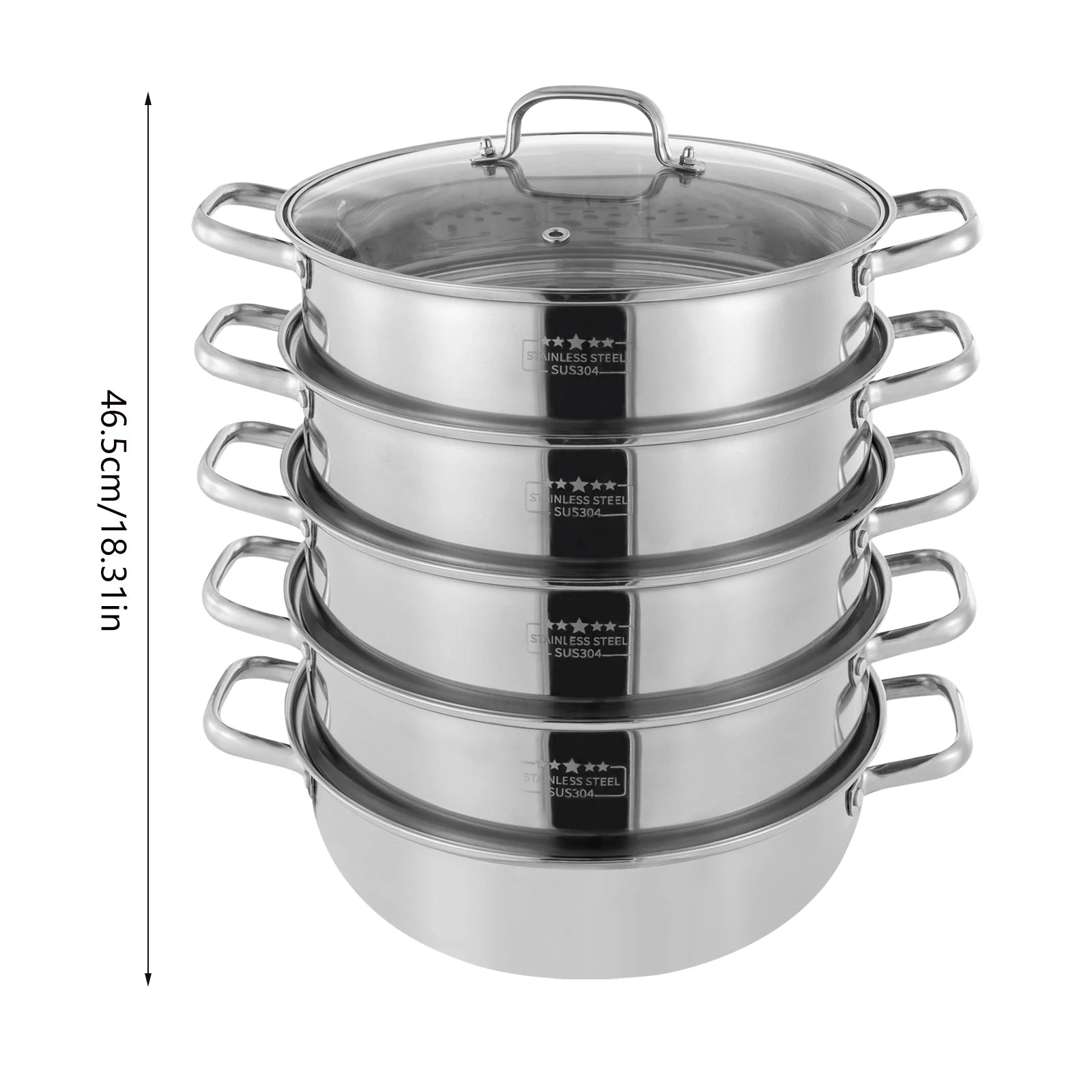 5 Tier  26/28/30/32cm Steame Cooker Steamer Pan Cook Food Veg Pot Stainless Steel Silver w/Glass Lid