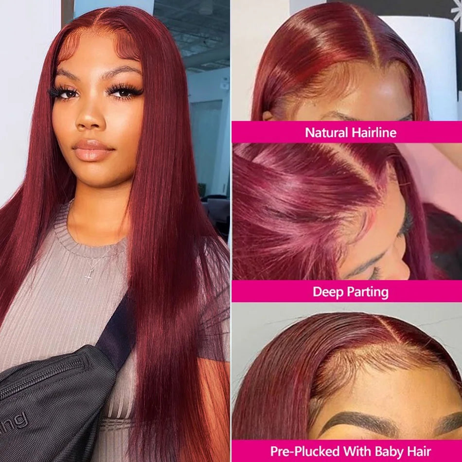 Premium 13x6 99J Burgundy Trendy Colored Human Hair Lace Front Wigs 180% HD Lace Frontal Wigs Bone Straight Human Hair Wig