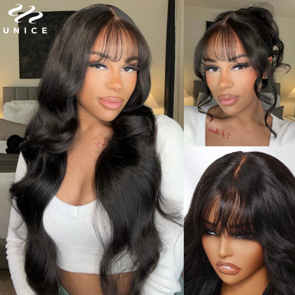 Unice Hair Loose Wave 13x4 Human Hair Lace Frontal Wig With Bangs Pre Cut Pre Bleached Pre Plucked Lace Front Human Hair Wig