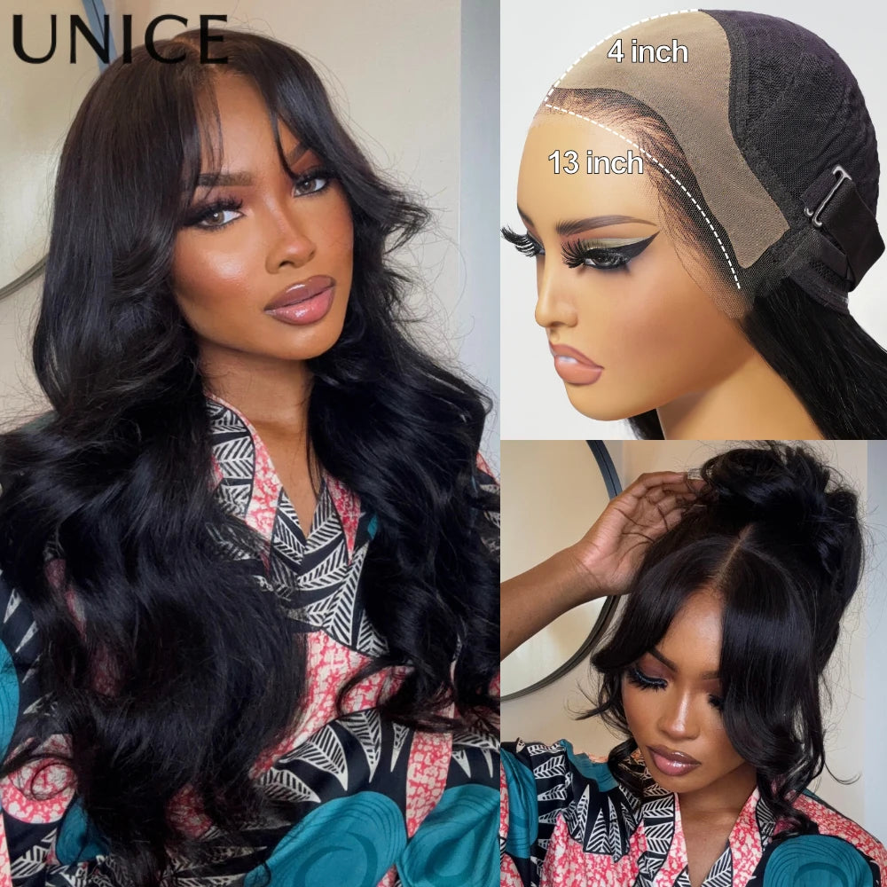 UNICE Hair Real Scalp Wig 13x4 HD Lace Frontal Wig Curtain Bangs Loose Wave Wig Human Hair With Drawstring