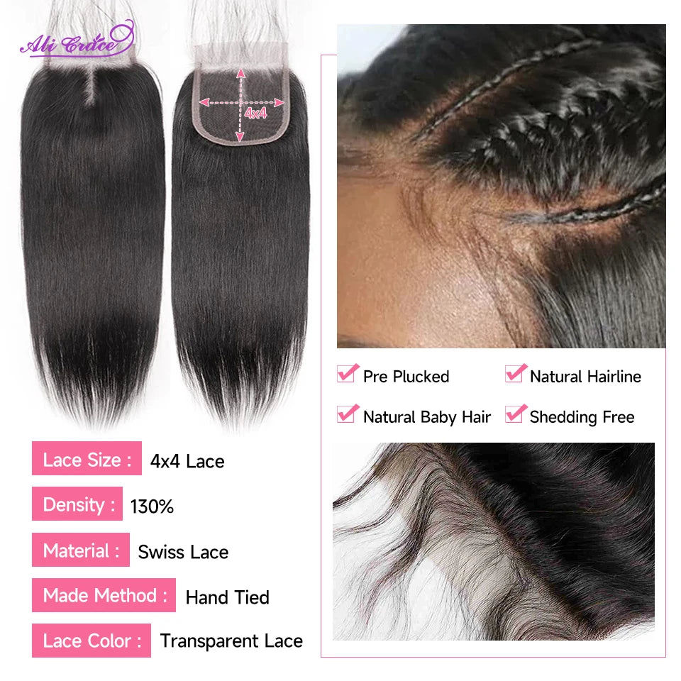 Ali Grace Peruvian Human Hair 3 Bundles With 4x4 Lace Closure 100% Remy Straight Hair Weave Peruvian Straight Hair With Closure