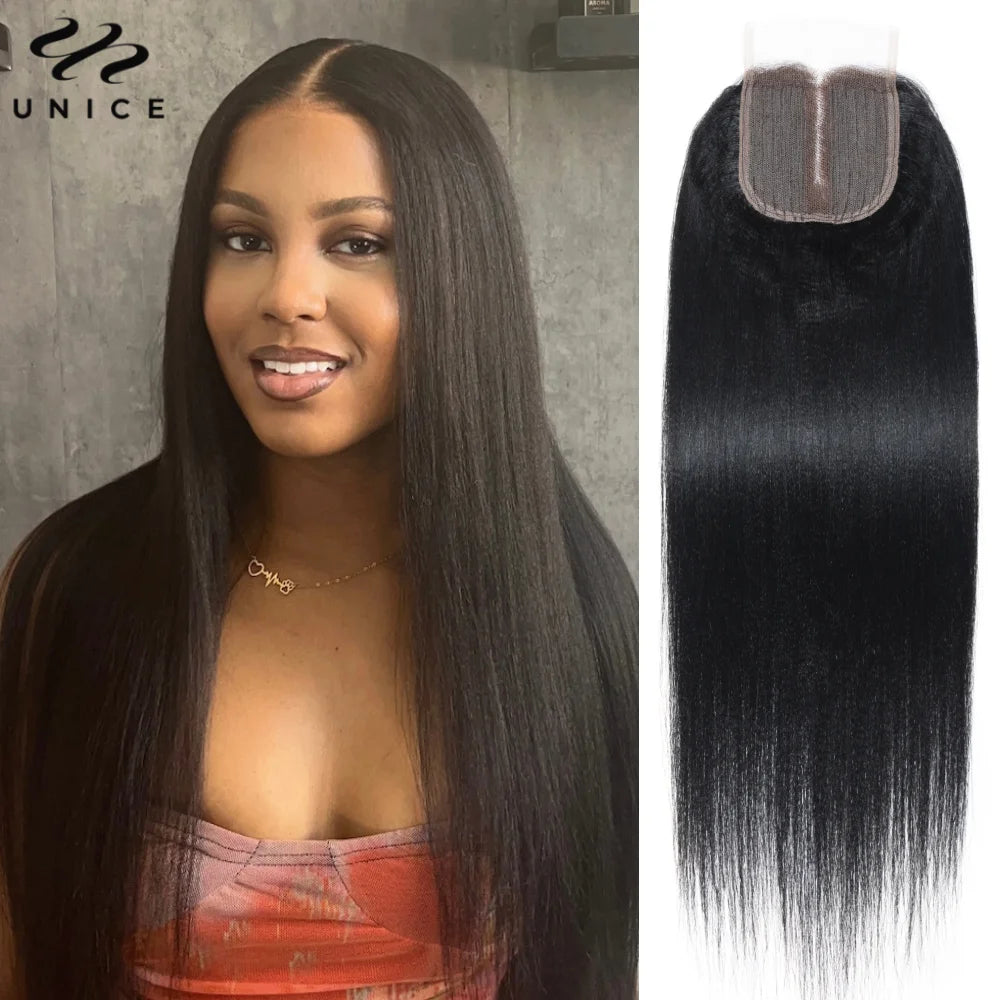 UNice Hair Yaki Straight Lace Closure 4x1 Middle T-Part Human Hair Closure Transparent Swiss Lace Closure 150% Density