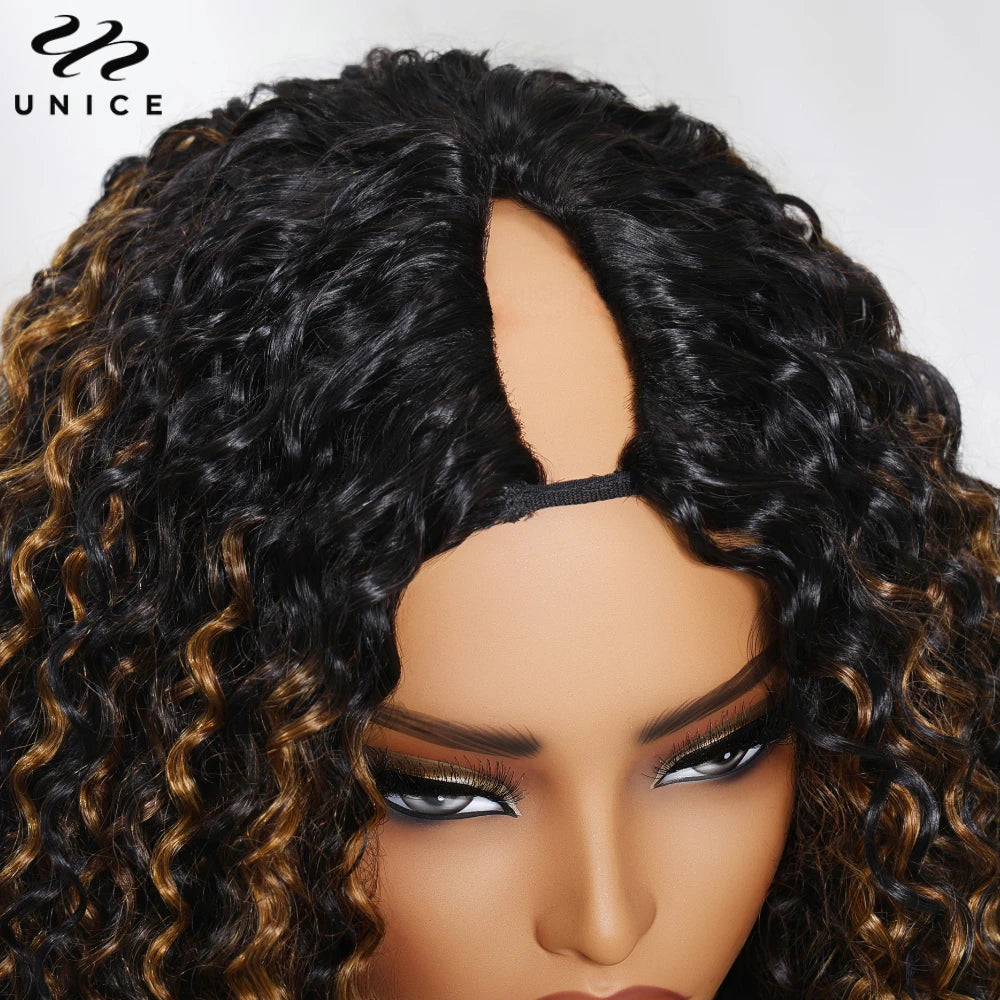 UNICE Hair Drawstring Cap Curly V Part Wig Small Head Friendly Clip-In Human Hair Wigs No Glue Minimal Leave-out 150% Densit