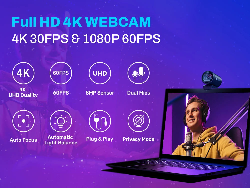 Webcam 4K HD USB Web Camera 1080P 60FPS Fast Autofocus Streaming Camera EMEET S600 With Mics for Video Calling/Zoom/Skype/Teams