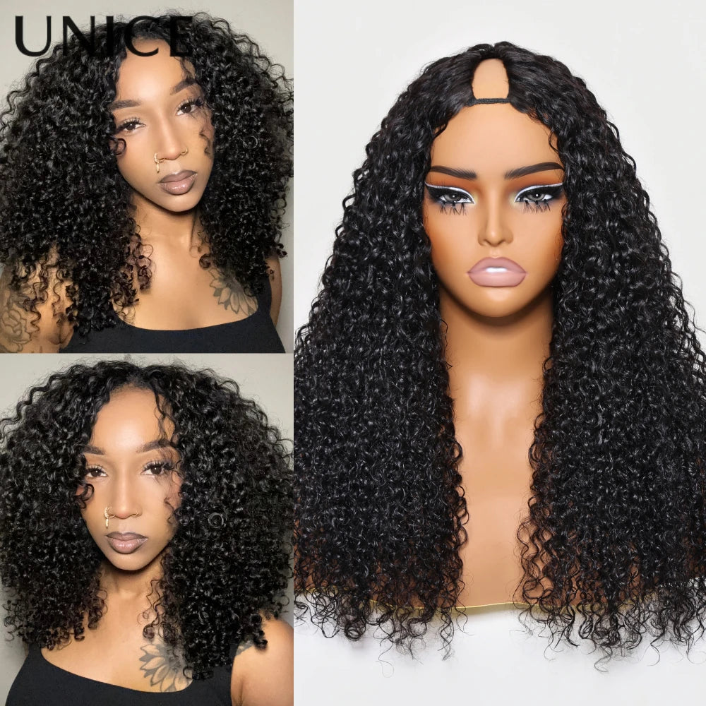 Unice Hair Curly V Part Wig With Elastic Drawstring Fit For All Head Sizes 100% Human Hair Wig No Glue 150% Density 30 Inch