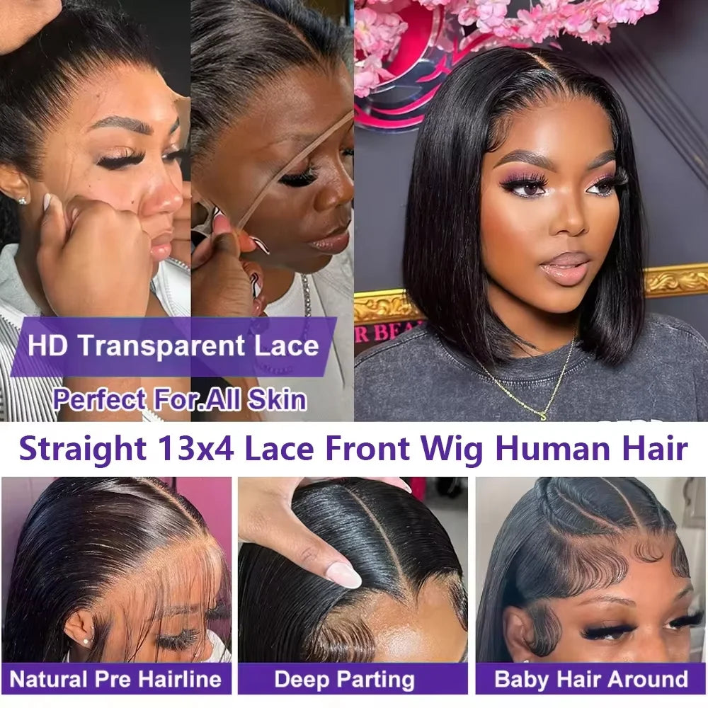Natural Black Bone Straight 12 14 Inch Human Hair Wig 13x4 Short Bob Transparent Lace Front Wig 220% Density Wigs For Women