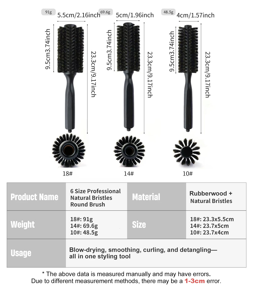 6 Sizes Boar Bristle Round Hair Brush Curly Hair Styling Comb Professional Removable Tail Barber Hairdresser Round Rolling Comb