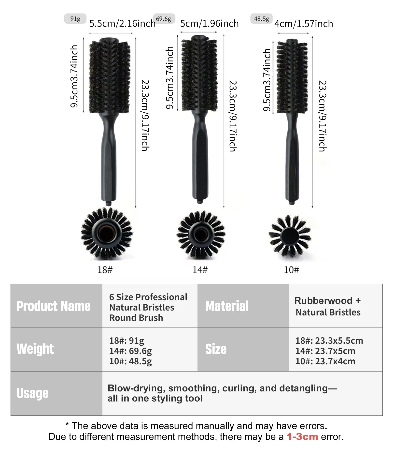 6 Sizes Boar Bristle Round Hair Brush Curly Hair Styling Comb Professional Removable Tail Barber Hairdresser Round Rolling Comb