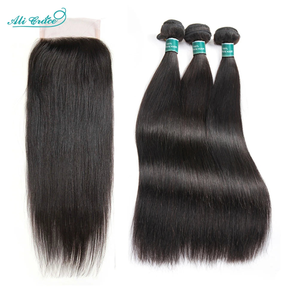 Ali Grace Straight Hair Bundles With Closure 4x4 Closure With Bundle Brazilian Human Hair Weave With Transparent Lace Closure