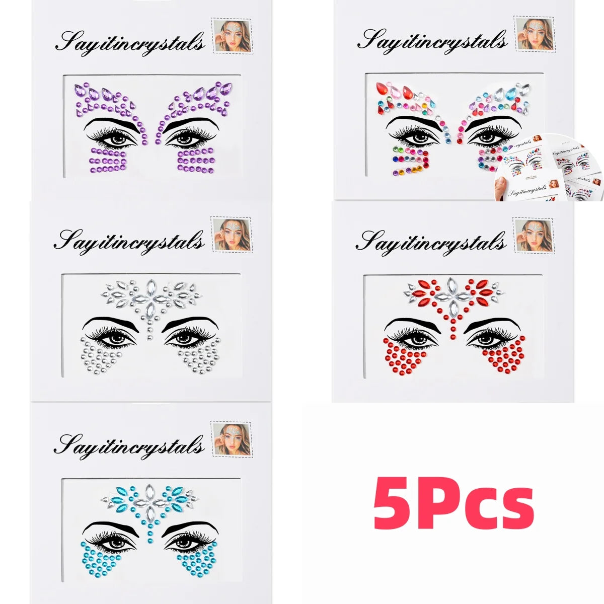 5Pcs 3D Random Face Diamond Tattoos Stickers Colorful Glitter Crystal Gem Sticker for Party Makeup Body Jewel Tattoo Decorations