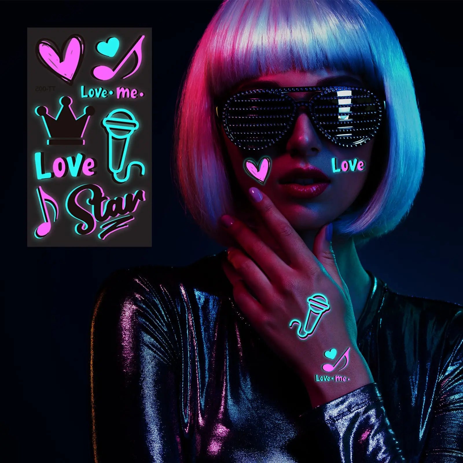 10 Sheet Glow in the Dark Music Temporary Tattoos Stickers with Luminous Neon Pink Blue Music Crown Note Disco party Accessory