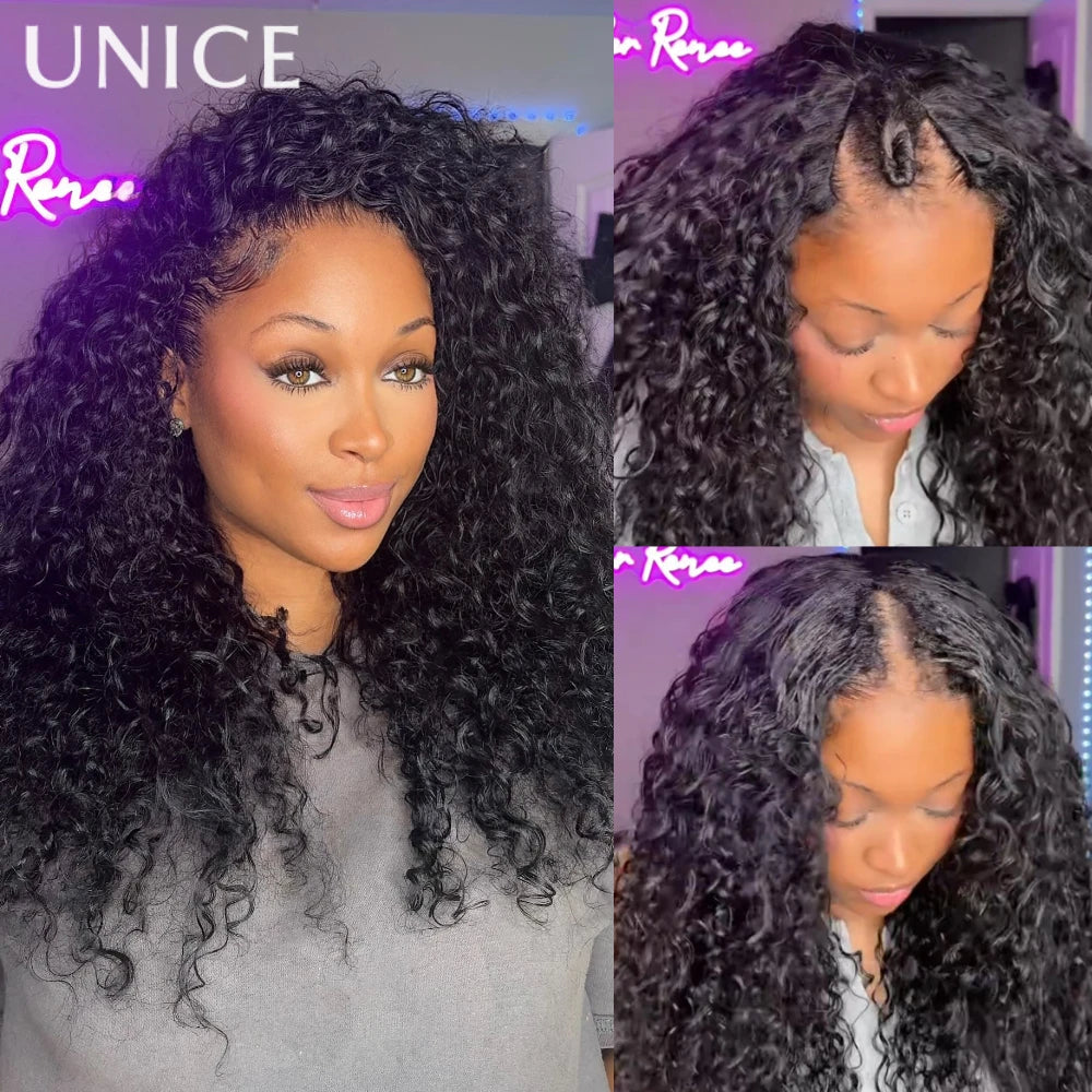 UNice Hair Bouncy Water Wave Curly V Part Wig With Drawstring Seamless Blend Human Hair Clip In Wig 150% Density