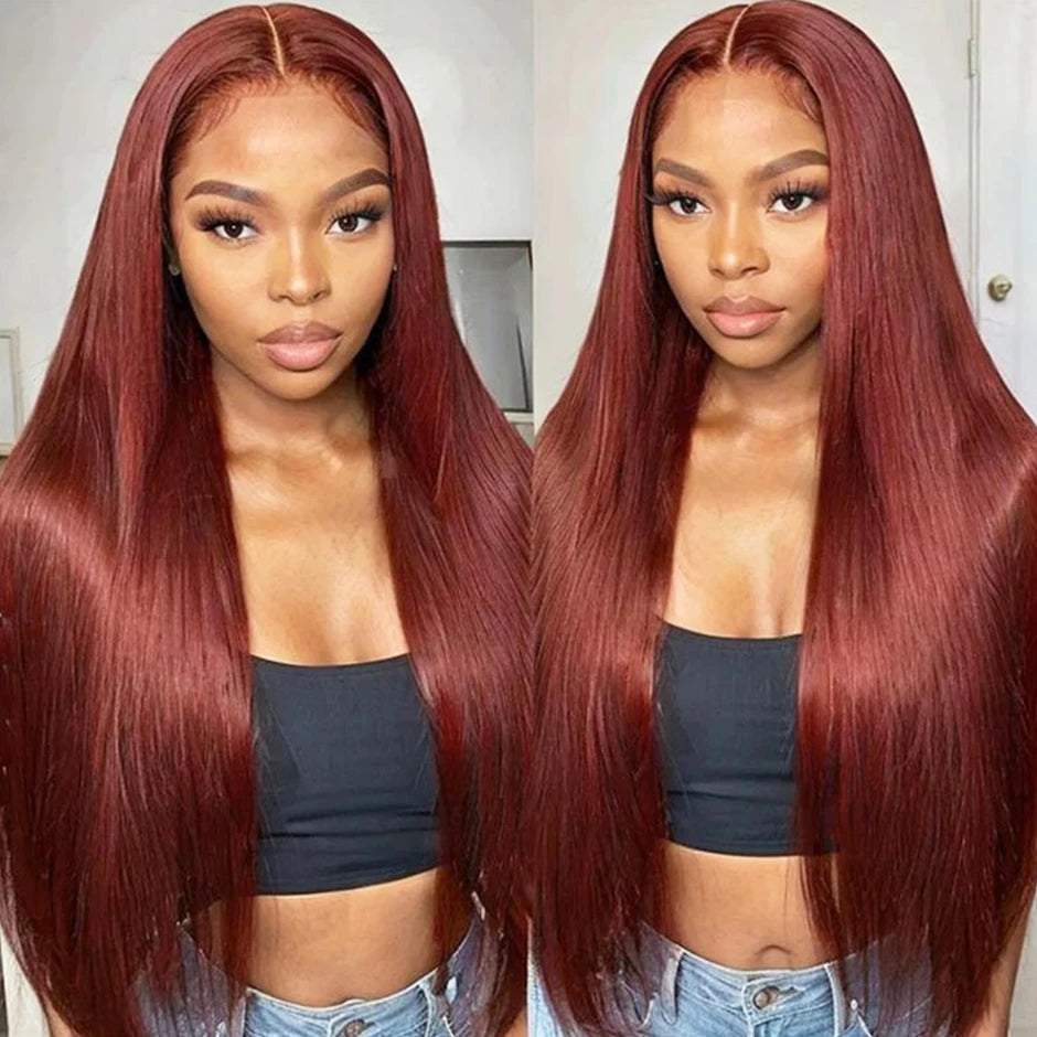 ISEE HAIR Reddish Brown #33 Color Glueless13x6 Straight Lace Frontal Wigs Pre Plucked Wigs Invisi Draw Strings Human Hair Wigs