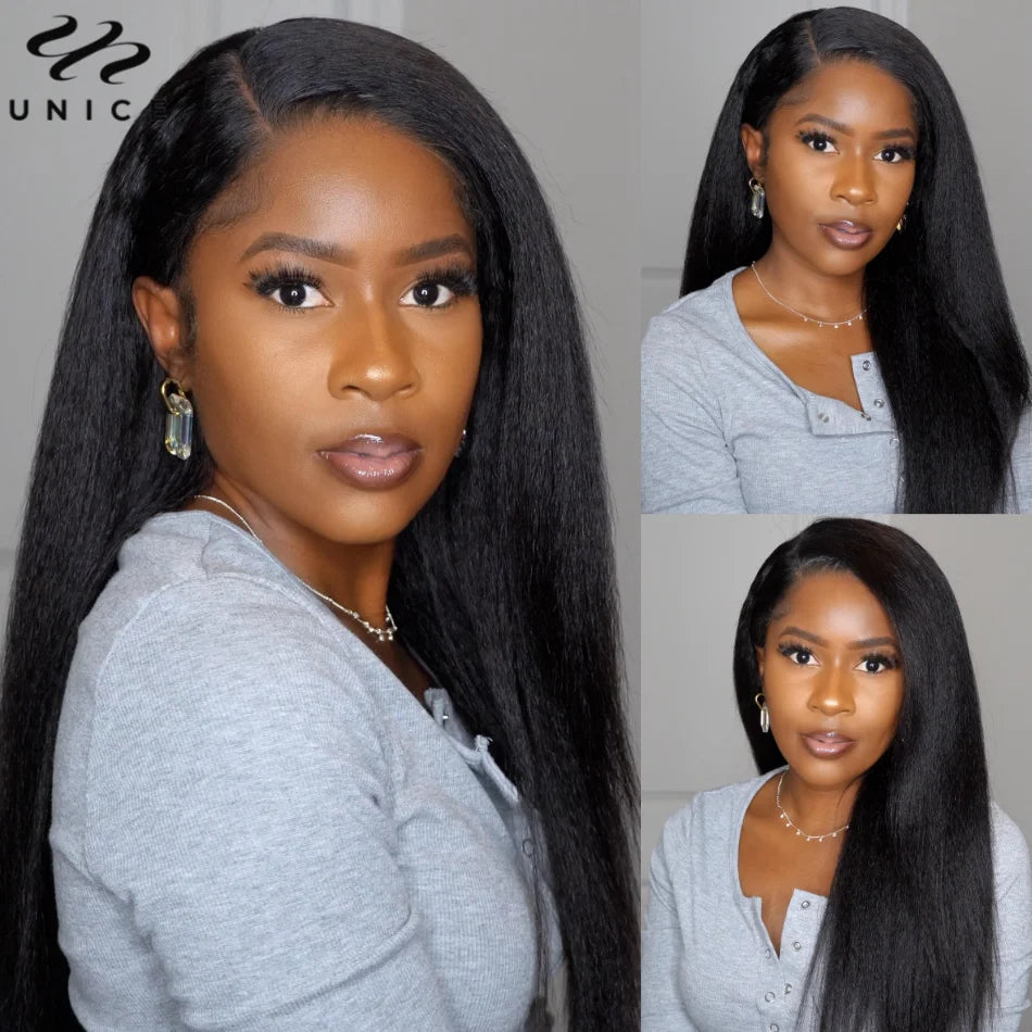 UNice Pre Everything 13x4 Lace Front Kinky Straight Human Hair Wigs Pre Cut Pre Bleached Pre Plucked Lace Frontal Wigs